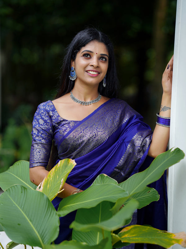 Royal Blue Classic Banarasi Woven Soft Saree with Antique Zari Borders