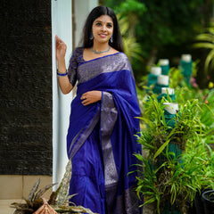 Royal Blue Classic Banarasi Woven Soft Saree with Antique Zari Borders