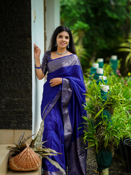 Royal Blue Classic Banarasi Woven Soft Saree with Antique Zari Borders