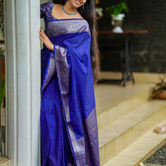 Royal Blue Classic Banarasi Woven Soft Saree with Antique Zari Borders