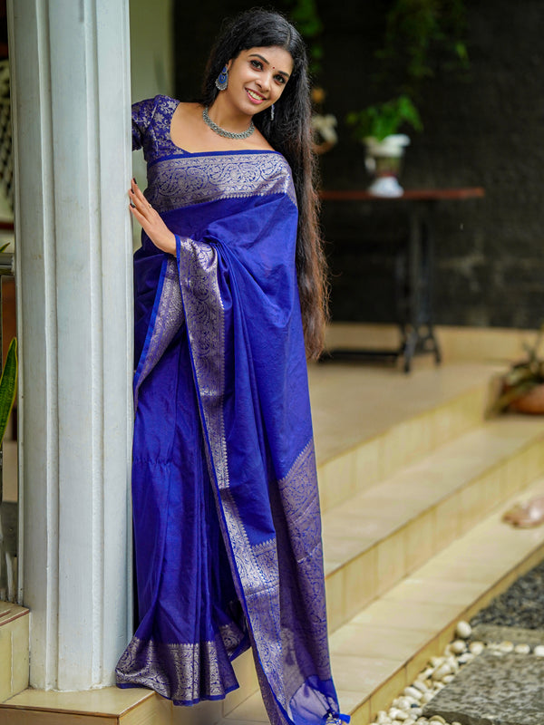 Royal Blue Classic Banarasi Woven Soft Saree with Antique Zari Borders