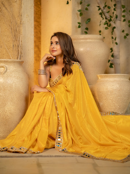 Buttery Yellow Designer Mirror Work Pure Tissue Silk Saree | Special Edition