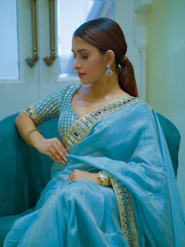 Pacific Blue Designer Mirror Work Pure Tissue Silk Saree | Special Edition
