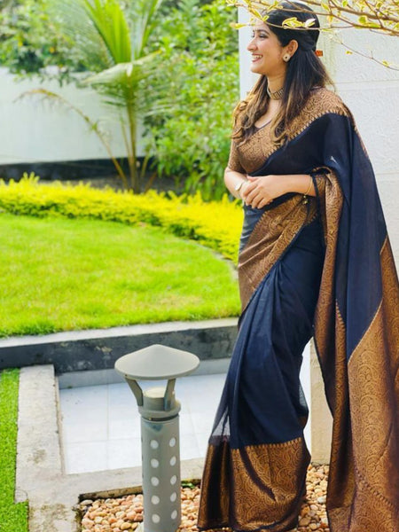 Indigo Blue Banarasi Woven Soft Saree with Antique Zari Border & Pallu