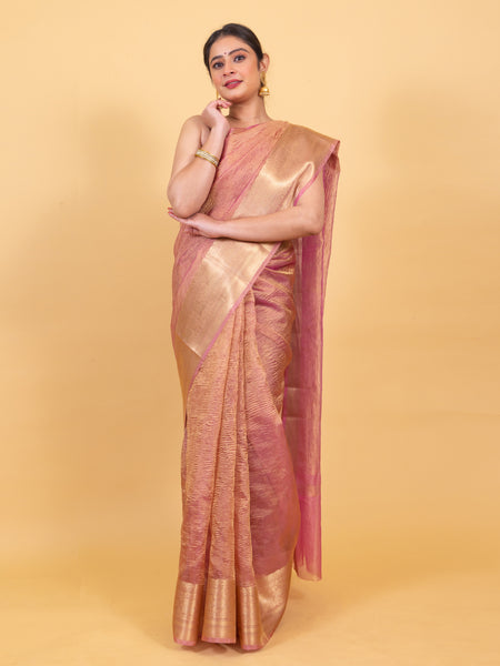 Baby Pink Crushed Tissue Silk Saree | Banarasi Woven Saree