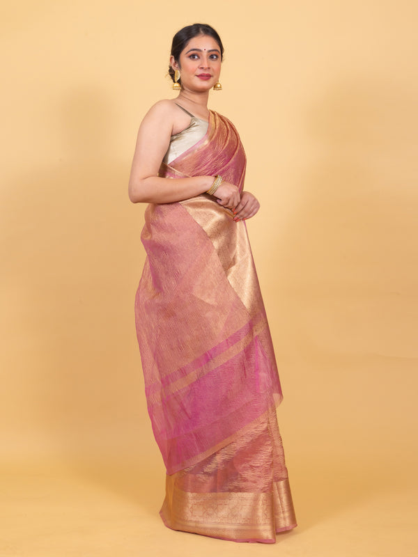Baby Pink Crushed Tissue Silk Saree | Banarasi Woven Saree