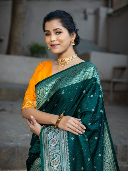 Bottle Green Siroski Intricate Stone Work Banarasi Mashru Silk Saree