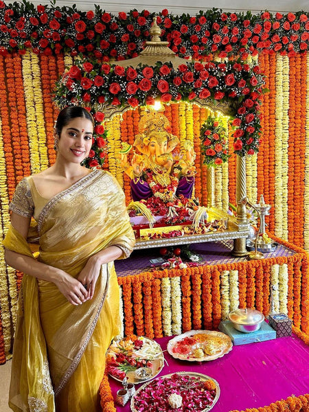 Janhvi Kapoor Inspired Gold Zari Soft Tissue Silk Saree with Handmade Cutwork Laces