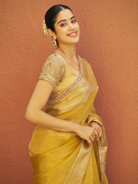 Janhvi Kapoor Inspired Gold Zari Soft Tissue Silk Saree with Handmade Cutwork Laces