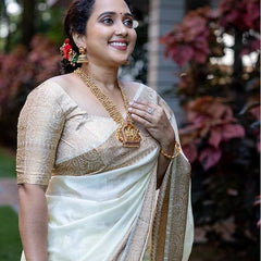 Off-White Banarasi Woven Soft Saree with Antique Zari Border & Pallu