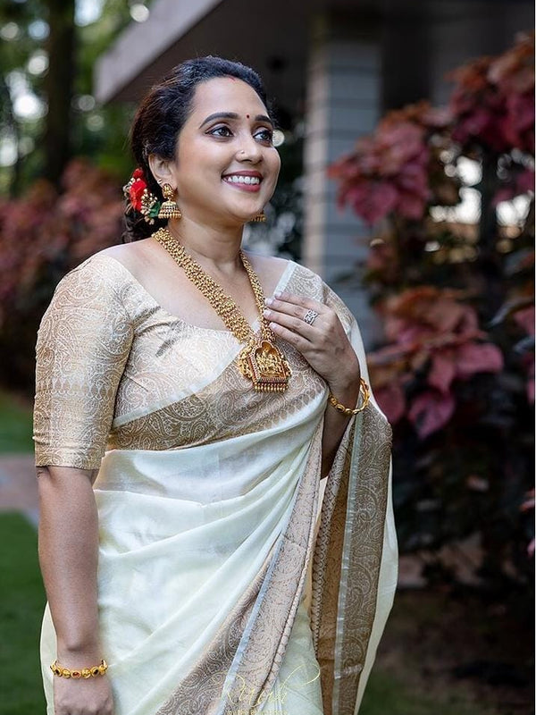 Off-White Banarasi Woven Soft Saree with Antique Zari Border & Pallu