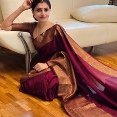 Maroon Red Banarasi Woven Soft Saree with Antique Zari Border & Pallu