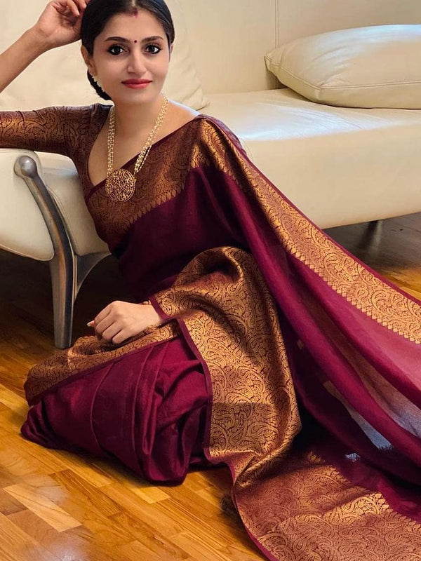 Maroon Red Banarasi Woven Soft Saree with Antique Zari Border & Pallu