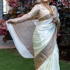 Off-White Banarasi Woven Soft Saree with Antique Zari Border & Pallu