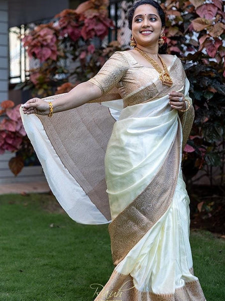 Off-White Banarasi Woven Soft Saree with Antique Zari Border & Pallu