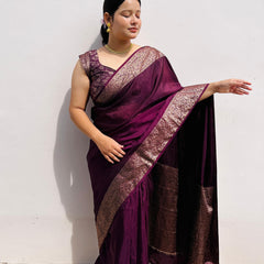 Magenta wine Classic Banarasi Woven Soft Saree with Antique Zari Borders