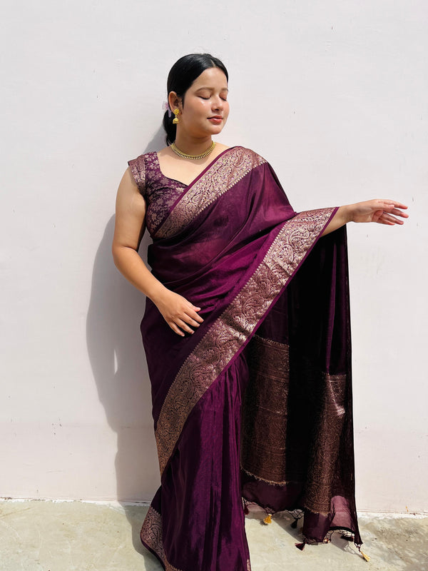 Magenta wine Classic Banarasi Woven Soft Saree with Antique Zari Borders