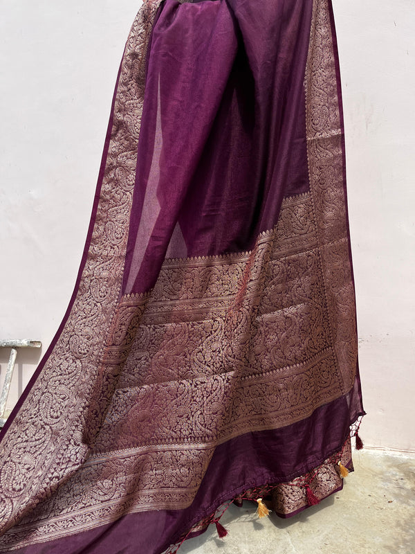Magenta wine Classic Banarasi Woven Soft Saree with Antique Zari Borders