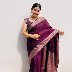 Magenta wine Classic Banarasi Woven Soft Saree with Antique Zari Borders