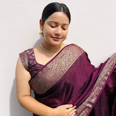 Magenta wine Classic Banarasi Woven Soft Saree with Antique Zari Borders