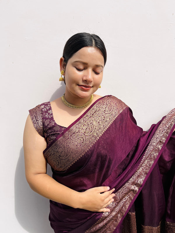 Magenta wine Classic Banarasi Woven Soft Saree with Antique Zari Borders