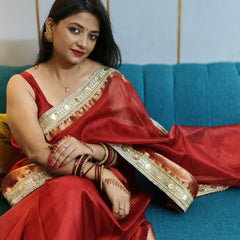 Celebrity-Inspired Blood Red Soft Tissue Silk Saree with Handmade Zardozi Work