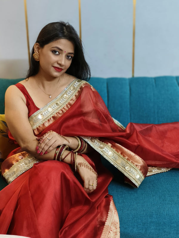 Celebrity-Inspired Blood Red Soft Tissue Silk Saree with Handmade Zardozi Work