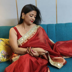 Celebrity-Inspired Blood Red Soft Tissue Silk Saree with Handmade Zardozi Work