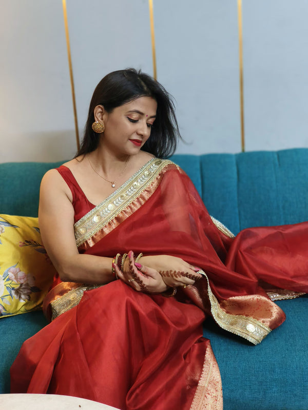 Celebrity-Inspired Blood Red Soft Tissue Silk Saree with Handmade Zardozi Work
