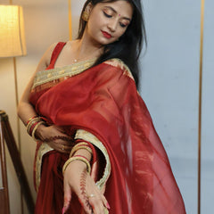 Celebrity-Inspired Blood Red Soft Tissue Silk Saree with Handmade Zardozi Work