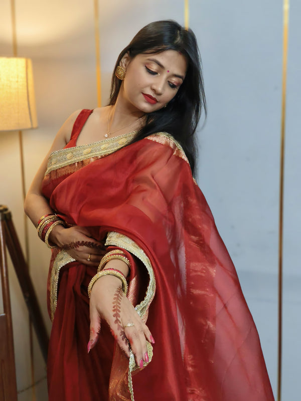 Celebrity-Inspired Blood Red Soft Tissue Silk Saree with Handmade Zardozi Work