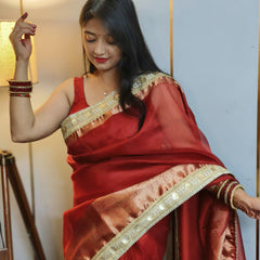 Celebrity-Inspired Blood Red Soft Tissue Silk Saree with Handmade Zardozi Work