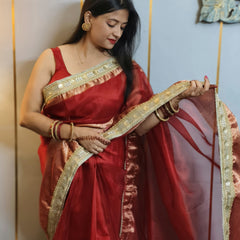 Celebrity-Inspired Blood Red Soft Tissue Silk Saree with Handmade Zardozi Work