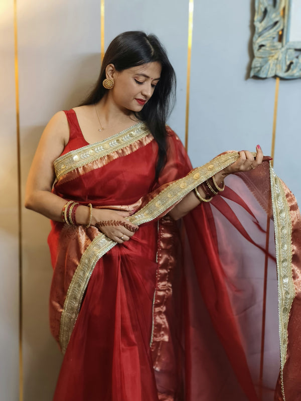 Celebrity-Inspired Blood Red Soft Tissue Silk Saree with Handmade Zardozi Work