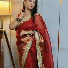 Celebrity-Inspired Blood Red Soft Tissue Silk Saree with Handmade Zardozi Work