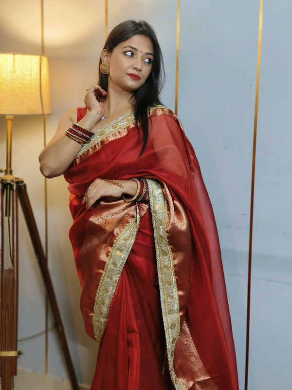 Celebrity-Inspired Blood Red Soft Tissue Silk Saree with Handmade Zardozi Work