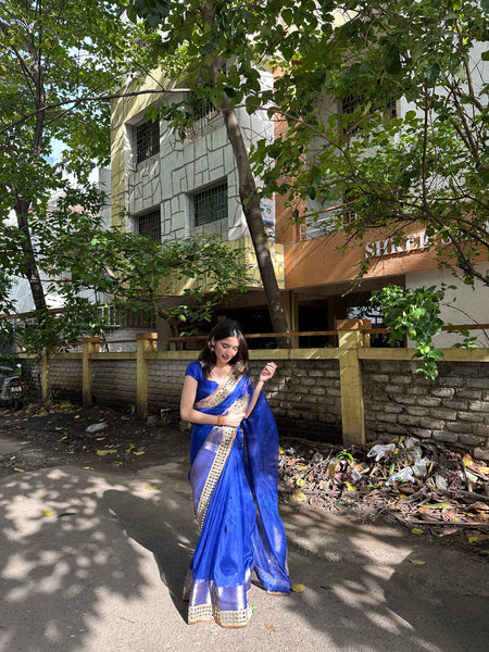 Royal Blue Banarasi Rajkumari Mirror Work Tissue Silk Saree