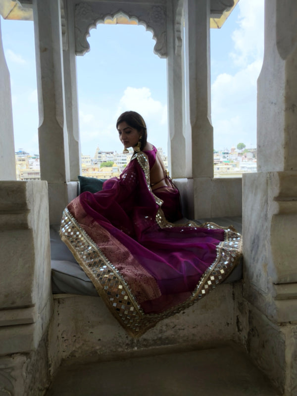 Magenta Pink Banarasi Rajwada Mirror Work Tissue Silk Saree