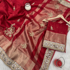 Royal Red Zardozi Handwork Banarasi Saree with Ritual Motifs and Mirrorwork