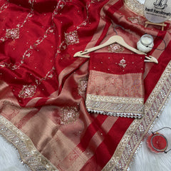 Premium Red Zardozi Handwork Banarasi Saree with Ritual Motifs and Mirrorwork