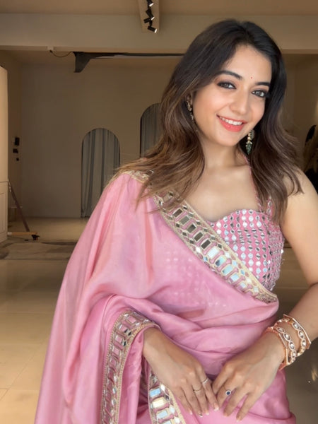 Rose Pink Designer Mirror Work Pure Tissue Silk Saree | Special Edition