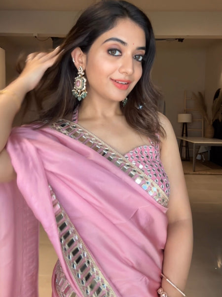 Rose Pink Designer Mirror Work Pure Tissue Silk Saree | Special Edition