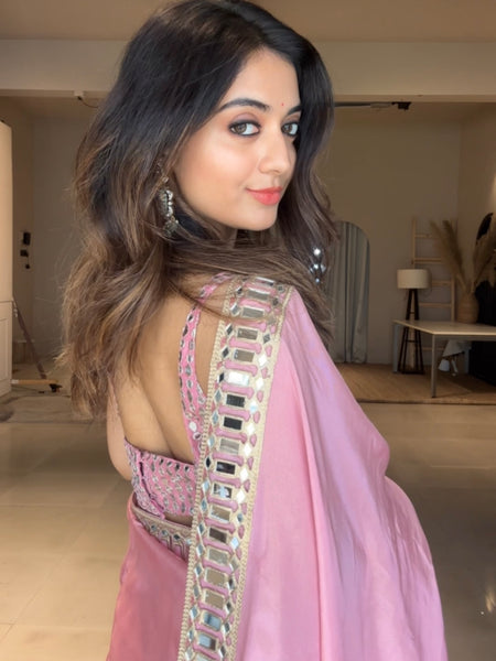 Rose Pink Designer Mirror Work Pure Tissue Silk Saree | Special Edition