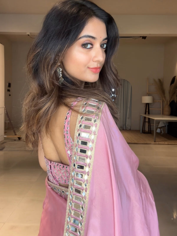 Rose Pink Designer Mirror Work Pure Tissue Silk Saree | Special Edition