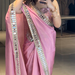 Rose Pink Designer Mirror Work Pure Tissue Silk Saree | Special Edition