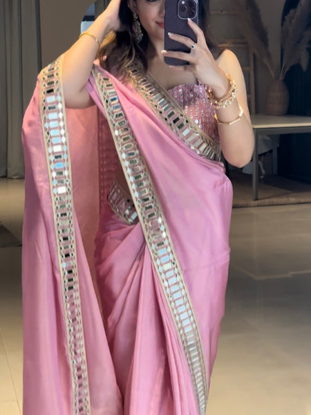 Rose Pink Designer Mirror Work Pure Tissue Silk Saree | Special Edition