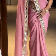 Rose Pink Designer Mirror Work Pure Tissue Silk Saree | Special Edition