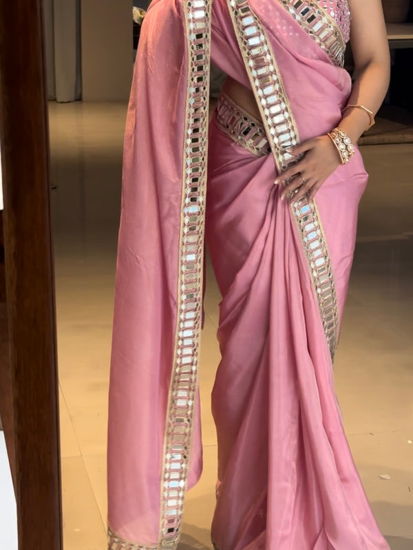 Rose Pink Designer Mirror Work Pure Tissue Silk Saree | Special Edition