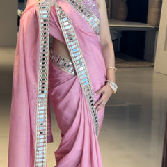 Rose Pink Designer Mirror Work Pure Tissue Silk Saree | Special Edition