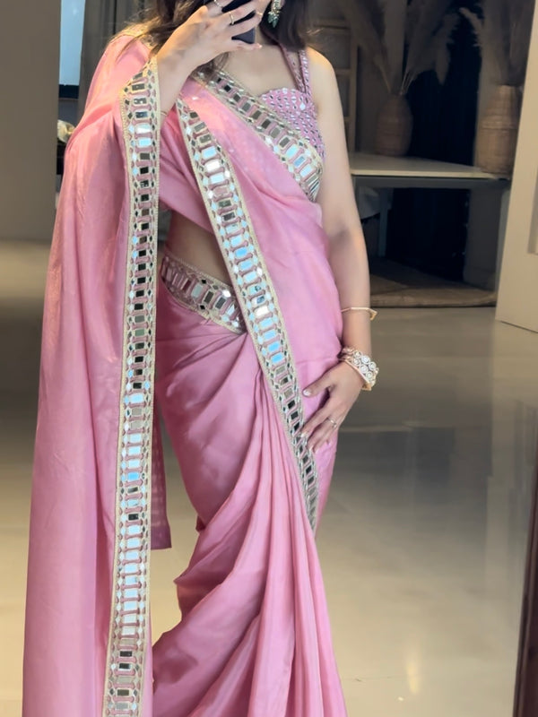 Rose Pink Designer Mirror Work Pure Tissue Silk Saree | Special Edition